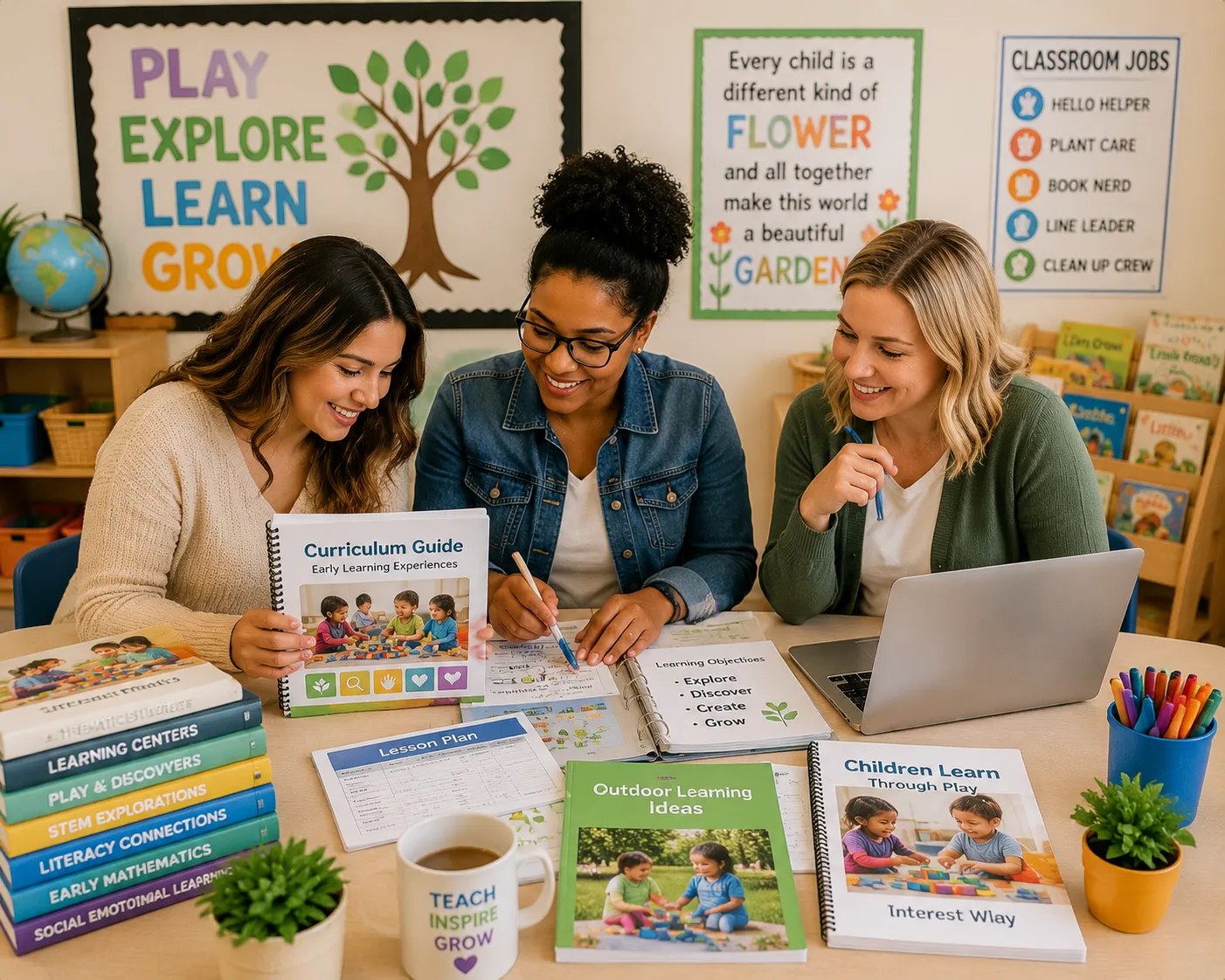 Professoras de educação infantil explorando recursos curriculares e planejando atividades de aprendizagem em sala de aula