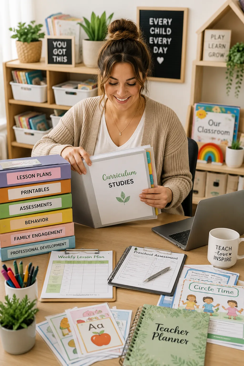Professora de educação infantil organizando estudos curriculares, planos de aula, imprimíveis, avaliações e recursos de sala de aula